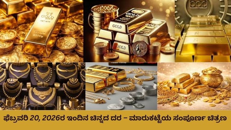 ಫೆಬ್ರವರಿ 20, 2026ರ ಇಂದಿನ ಚಿನ್ನದ ದರ ಮಾಹಿತಿ ಇನ್ಫೋಗ್ರಾಫಿಕ್ – 24K, 22K ಮತ್ತು 18K ಚಿನ್ನದ ಬೆಲೆ ವಿವರಗಳು, ಚಿನ್ನದ ಬಾರ್ ಮತ್ತು ನಾಣ್ಯಗಳ ಚಿತ್ರಗಳು, ಭಾರತದ ನಕ್ಷೆಯಲ್ಲಿ ಪ್ರಮುಖ ನಗರಗಳ ಗುರುತುಗಳೊಂದಿಗೆ ಪ್ರದರ್ಶಿಸಲಾದ ಆರ್ಥಿಕ ವಿಶ್ಲೇಷಣಾ ಚಿತ್ರ.