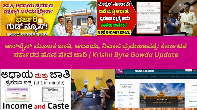 ಚಿತ್ರದಲ್ಲಿ ಎರಡು ಭಾಗಗಳ ದೃಶ್ಯ ಕಾಣುತ್ತದೆ: ಎಡಭಾಗದಲ್ಲಿ ಪರಂಪರಾಗತ ಸರ್ಕಾರಿ ಕಚೇರಿಯಲ್ಲಿ ಜನರು ಜಾತಿ, ಆದಾಯ ಮತ್ತು ನಿವಾಸ ಪ್ರಮಾಣಪತ್ರಗಳಿಗಾಗಿ ಫೈಲ್‌ಗಳನ್ನು ಹಿಡಿದು ಸಾಲಿನಲ್ಲಿ ನಿಂತಿರುವುದು. ಬಲಭಾಗದಲ್ಲಿ ಆಧುನಿಕ ಡಿಜಿಟಲ್ ವ್ಯವಸ್ಥೆಯಲ್ಲಿ ನಾಗರಿಕರು ತಮ್ಮ ಮನೆಯಿಂದಲೇ ಲ್ಯಾಪ್‌ಟಾಪ್ ಮತ್ತು ಮೊಬೈಲ್ ಮೂಲಕ ಆನ್‌ಲೈನ್‌ನಲ್ಲಿ ಅರ್ಜಿ ಸಲ್ಲಿಸುತ್ತಿರುವುದು ಕಾಣುತ್ತದೆ. ಮಧ್ಯದಲ್ಲಿ ‘Karnataka Online Services’ ಎಂಬ ಡಿಜಿಟಲ್ ಪೋರ್ಟಲ್ ಎರಡನ್ನೂ ಸಂಪರ್ಕಿಸುವಂತೆ ತೋರಿಸಲಾಗಿದೆ. ಡಿಜಿಟಲ್ ಪರಿಶೀಲನೆ, ಡಾಕ್ಯುಮೆಂಟ್ ಅಪ್ಲೋಡ್ ಮತ್ತು OTP ದೃಢೀಕರಣ ಚಿಹ್ನೆಗಳು ಗೋಚರಿಸುತ್ತವೆ. ಹಿನ್ನಲೆಯಲ್ಲಿ ವಿಧಾನಸೌಧದ ಆಕೃತಿ ಮತ್ತು ಒಂದು ಪರದೆಯಲ್ಲಿ ಸಚಿವ ಕೃಷ್ಣ ಬೈರೇಗೌಡ ಅವರು ಹೊಸ ಸೇವೆಯನ್ನು ಘೋಷಿಸುತ್ತಿರುವುದು ಕಾಣಿಸುತ್ತದೆ.