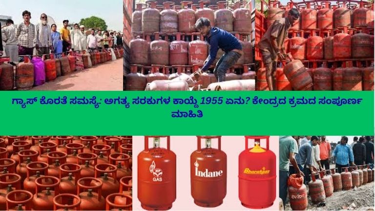 ಎಲ್‌ಪಿಜಿ ಗ್ಯಾಸ್ ಸಿಲಿಂಡರ್‌ಗಳ ರಾಶಿ, ಸರಬರಾಜು ಪರಿಶೀಲಿಸುತ್ತಿರುವ ಸರ್ಕಾರಿ ಅಧಿಕಾರಿಗಳು, ಹಿನ್ನಲೆಯಲ್ಲಿ ತೈಲ ಟ್ಯಾಂಕರ್‌ಗಳು ಹಾಗೂ “Essential Commodities Act 1955” ಶೀರ್ಷಿಕೆಯೊಂದಿಗೆ ಗ್ಯಾಸ್ ಕೊರತೆ ಸಮಸ್ಯೆಯನ್ನು ತೋರಿಸುವ ಚಿತ್ರ.
