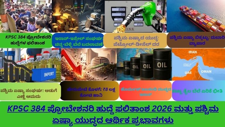 “KPSC 384 ಪ್ರೋಬೇಶನರಿ ಹುದ್ದೆಗಳ ಫಲಿತಾಂಶವನ್ನು ಕಂಪ್ಯೂಟರ್‌ನಲ್ಲಿ ಪರಿಶೀಲಿಸುತ್ತಿರುವ ಅಭ್ಯರ್ಥಿಗಳು, ಚಿನ್ನ ಮತ್ತು ಬೆಳ್ಳಿ ಬೆಲೆಗಳಲ್ಲಿ ತೀವ್ರ ಜಿಗಿತ, ಪೆಟ್ರೋಲ್-ಡೀಸೆಲ್ ದರ ಸ್ಥಿರತೆ, ಪಶ್ಚಿಮ ಏಷ್ಯಾ ಯುದ್ಧದಿಂದ ಜಾಗತಿಕ ವ್ಯಾಪಾರ ಮೇಲೆ ಪರಿಣಾಮ, ಭಾರತೀಯ ಅಡುಗೆ ಎಣ್ಣೆ ಆಮದು, ಷೇರುಪೇಟೆ ಕುಸಿತ, ಹೊರ್ಮುಜ್‌ ಜಲಸಂಧಿ ಮುಚ್ಚಿದ ದೃಶ್ಯಗಳು, ಕಚ್ಚಾ ತೈಲ ಬೆಲೆ ಏರಿಕೆ ಭೀತಿ, KPSC ಫಲಿತಾಂಶ ಮತ್ತು ಆರ್ಥಿಕ ಪರಿಣಾಮಗಳ ಸಮಗ್ರ ದೃಶ್ಯಗಳು