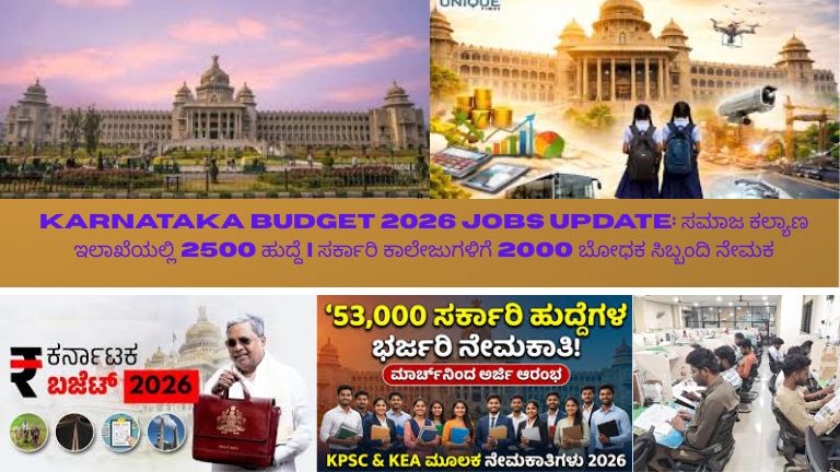 ಕರ್ನಾಟಕ ಬಜೆಟ್ 2026ರಲ್ಲಿ ಸಮಾಜ ಕಲ್ಯಾಣ ಇಲಾಖೆಯಲ್ಲಿ 2500 ಹುದ್ದೆಗಳು ಮತ್ತು ಸರ್ಕಾರಿ ಕಾಲೇಜುಗಳಿಗೆ 2000 ಬೋಧಕ ಸಿಬ್ಬಂದಿ ನೇಮಕಾತಿ ಘೋಷಣೆ ಹಿನ್ನೆಲೆ ವಿಧಾನ್ ಸೌಧ ಹಾಗೂ ಉದ್ಯೋಗದ ನಿರೀಕ್ಷೆಯಲ್ಲಿರುವ ಯುವಕರ ಚಿತ್ರಣ.