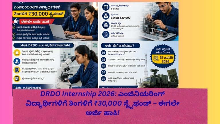 DRDO Internship 2026 ಕುರಿತು ಎಂಜಿನಿಯರಿಂಗ್ ವಿದ್ಯಾರ್ಥಿಗಳಿಗೆ ₹30,000 ಸ್ಟೈಫಂಡ್ ಮತ್ತು ಇಂಟರ್ನ್‌ಶಿಪ್ ಅವಕಾಶವನ್ನು ವಿವರಿಸುವ ಕನ್ನಡ ಪೋಸ್ಟರ್.