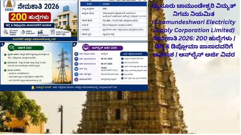 ಮೈಸೂರು ಚಾಮುಂಡೇಶ್ವರಿ ವಿದ್ಯುತ್ ನಿಗಮ ನಿಯಮಿತ (CESC Mysuru) ನೇಮಕಾತಿ 2026 ಕುರಿತು 4-ಇಮೇಜ್ ಮಾಹಿತಿ ಪೋಸ್ಟರ್. 200 ಹುದ್ದೆಗಳ ನೇಮಕಾತಿ, ಡಿಗ್ರಿ ಮತ್ತು ಡಿಪ್ಲೋಮಾ ಅರ್ಹತೆ, ವೇತನ, ವಯೋಮಿತಿ, ಅರ್ಜಿ ದಿನಾಂಕ ಮತ್ತು ಆನ್‌ಲೈನ್ ಅರ್ಜಿ ವಿವರಗಳನ್ನು ಒಳಗೊಂಡಿದೆ.