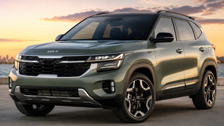 2026 Kia Seltos ಹೊಸ SUVಯ ಮುಂಭಾಗದ ನೋಟ. ಆಕರ್ಷಕ ಹಸಿರು ಬಣ್ಣ, ಪ್ರೀಮಿಯಂ LED ಹೆಡ್‌ಲ್ಯಾಂಪ್‌ಗಳು, ಹೊಸ ಗ್ರಿಲ್ ವಿನ್ಯಾಸ, ಸ್ಟೈಲಿಷ್ ಅಲಾಯ್ ವೀಲ್‌ಗಳು ಮತ್ತು ಆಧುನಿಕ ವೈಶಿಷ್ಟ್ಯಗಳೊಂದಿಗೆ ಕಾಣುವ Kia Seltos 2026.