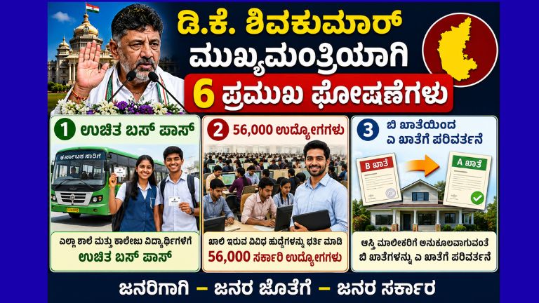 ಡಿ.ಕೆ. ಶಿವಕುಮಾರ್ ಮುಖ್ಯಮಂತ್ರಿಯಾಗಿ ಅಧಿಕಾರ ಸ್ವೀಕರಿಸಿದ ಬಳಿಕ ಘೋಷಿಸಿದ 6 ಪ್ರಮುಖ ಯೋಜನೆಗಳಾದ ಉಚಿತ ಬಸ್ ಪಾಸ್, 56,000 ಸರ್ಕಾರಿ ಉದ್ಯೋಗಗಳು, ಬಿ ಖಾತೆಯಿಂದ ಎ ಖಾತೆಗೆ ಪರಿವರ್ತನೆ, ರೈತರಿಗೆ ವಿಶೇಷ ಪ್ಯಾಕೇಜ್ ಹಾಗೂ ಇತರೆ ಜನಪರ ಯೋಜನೆಗಳನ್ನು ತೋರಿಸುವ ಮಾಹಿತಿ ಚಿತ್ರ.