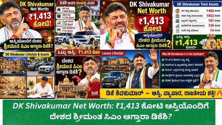 ಡಿಕೆ ಶಿವಕುಮಾರ್ ಅವರ ಒಟ್ಟು ಆಸ್ತಿ ₹1,413 ಕೋಟಿ ಎಂದು ತೋರಿಸುವ ಮಾಹಿತಿ ಗ್ರಾಫಿಕ್. ಅವರ ರಾಜಕೀಯ ಜೀವನ, ಆಸ್ತಿ ವಿವರಗಳು, ಐಷಾರಾಮಿ ಮನೆಗಳು, ವಾಹನಗಳು ಮತ್ತು ದೇಶದ ಶ್ರೀಮಂತ ಮುಖ್ಯಮಂತ್ರಿಗಳ ಪೈಕಿ ಸ್ಥಾನ ಪಡೆಯುವ ಸಾಧ್ಯತೆ ಕುರಿತು ಚಿತ್ರಣ.