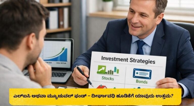 ಎಲ್‌ಐಸಿ ಮತ್ತು ಮ್ಯೂಚುವಲ್ ಫಂಡ್ ಹೂಡಿಕೆಗಳ ನಡುವಿನ ವ್ಯತ್ಯಾಸ, ಲಾಭಗಳು, ಅಪಾಯಗಳು ಹಾಗೂ ದೀರ್ಘಾವಧಿ ಹೂಡಿಕೆಗೆ ಯಾವುದು ಸೂಕ್ತ ಎಂಬುದನ್ನು ವಿವರಿಸುವ ನಾಲ್ಕು ಚಿತ್ರಗಳ ಹಣಕಾಸು ಮಾಹಿತಿ ಗ್ರಾಫಿಕ್.