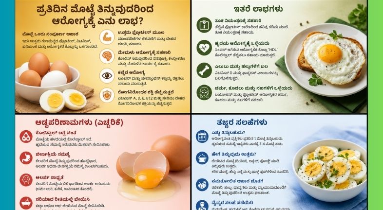 ಪ್ರತಿದಿನ ಮೊಟ್ಟೆ ಸೇವನೆಯ ಆರೋಗ್ಯ ಪ್ರಯೋಜನಗಳು, ಸಾಧ್ಯ ಅಡ್ಡಪರಿಣಾಮಗಳು, ಸರಿಯಾದ ಪ್ರಮಾಣ ಮತ್ತು ತಜ್ಞರ ಸಲಹೆಗಳನ್ನು ವಿವರಿಸುವ ನಾಲ್ಕು ಭಾಗಗಳ ಕನ್ನಡ ಆರೋಗ್ಯ ಮಾಹಿತಿ ಗ್ರಾಫಿಕ್.