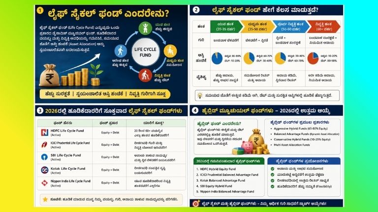 ಲೈಫ್ ಸೈಕಲ್ ಫಂಡ್ ಮತ್ತು ಹೈಬ್ರಿಡ್ ಮ್ಯೂಚುಯಲ್ ಫಂಡ್‌ಗಳ ಬಗ್ಗೆ ವಿವರಿಸುವ ನಾಲ್ಕು ಭಾಗಗಳ ಕನ್ನಡ ಇನ್ಫೋಗ್ರಾಫಿಕ್. ಹೂಡಿಕೆದಾರರ ವಯಸ್ಸು, ಅಪಾಯ ಸಹಿಷ್ಣುತೆ, ಆಸ್ತಿ ಹಂಚಿಕೆ, 2026ರ ಸೂಕ್ತ ಫಂಡ್‌ಗಳು ಹಾಗೂ ಹೈಬ್ರಿಡ್ ಫಂಡ್‌ಗಳ ವೈಶಿಷ್ಟ್ಯಗಳನ್ನು ವಿವರಿಸಲಾಗಿದೆ.