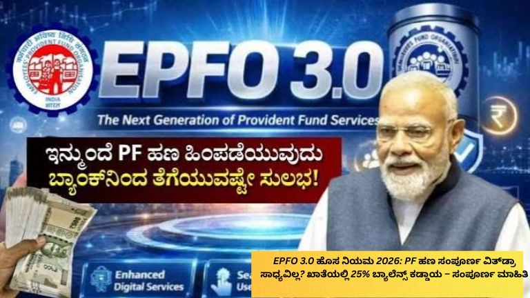 EPFO 3.0 ಹೊಸ ನಿಯಮ 2026 ಕುರಿತು ಮಾಹಿತಿ ನೀಡುವ ಚಿತ್ರ. PF ಹಣವನ್ನು ಸಂಪೂರ್ಣವಾಗಿ ವಿತ್‌ಡ್ರಾ ಮಾಡಲು ಸಾಧ್ಯವೇ? ಖಾತೆಯಲ್ಲಿ 25% ಬ್ಯಾಲೆನ್ಸ್ ಕಡ್ಡಾಯ ಎಂಬ ನಿಯಮ, ಅದರ ಪರಿಣಾಮ ಹಾಗೂ ಪ್ರಮುಖ ಮಾಹಿತಿಯನ್ನು ವಿವರಿಸುವ ಮಾಹಿತಿ ಚಿತ್ರ