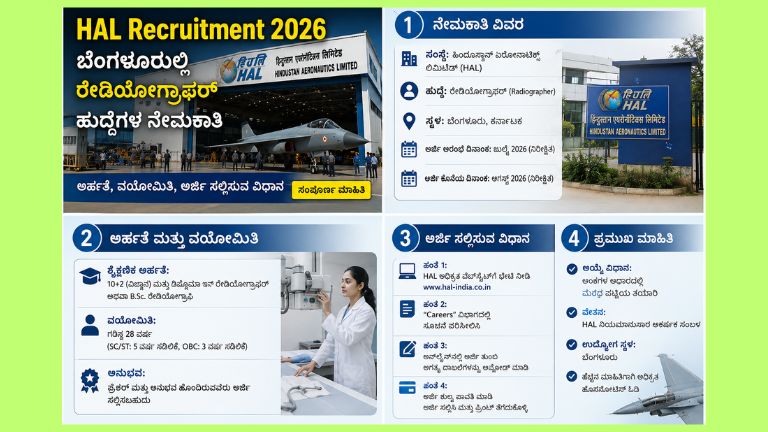 HAL Recruitment 2026 ಬೆಂಗಳೂರಿನಲ್ಲಿ ರೇಡಿಯೋಗ್ರಾಫರ್ ಹುದ್ದೆಗಳ ನೇಮಕಾತಿ ಕುರಿತು ಅರ್ಹತೆ, ವಯೋಮಿತಿ ಮತ್ತು ಅರ್ಜಿ ಸಲ್ಲಿಸುವ ವಿಧಾನವನ್ನು ವಿವರಿಸುವ ಮಾಹಿತಿ ಚಿತ್ರ.