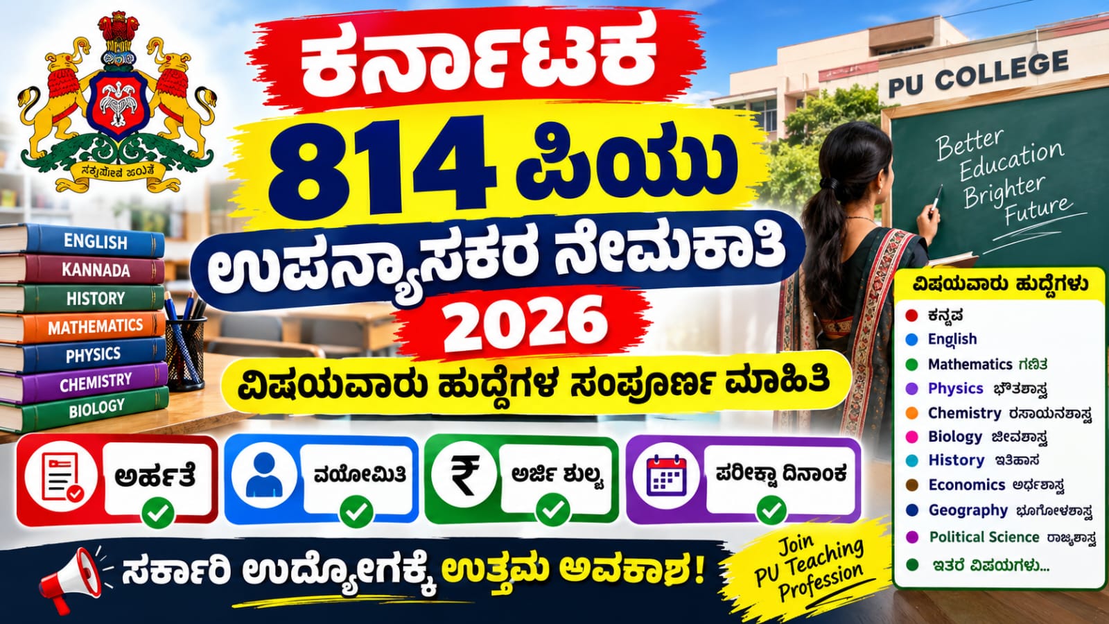 ಕರ್ನಾಟಕ 814 ಪಿಯು ಉಪನ್ಯಾಸಕರ ನೇಮಕಾತಿ 2026 – ವಿಷಯವಾರು ಹುದ್ದೆಗಳ ಸಂಪೂರ್ಣ ಮಾಹಿತಿ